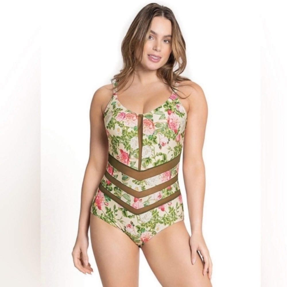 New! Leonisa shapewear slimming pink floral one piece swimsuit 37778